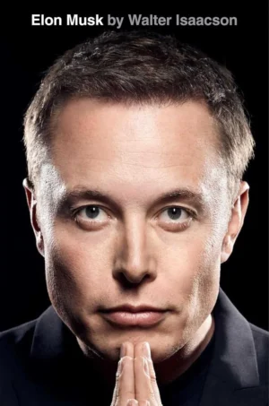 Elon Musk biography book cover by Walter Isaacson featuring a contemplative portrait of Elon Musk.