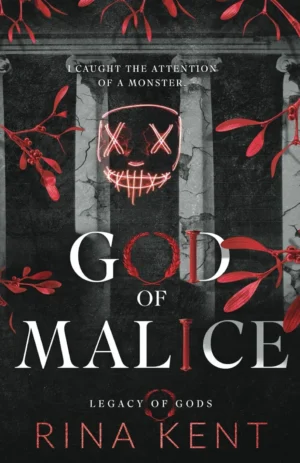 God of Malice book cover by Rina Kent featuring a dark, intense image of a suited, smirking man (Killian) gripping the chin of a defiant woman (Eliza), with a backdrop of opulent, shadowy deception.