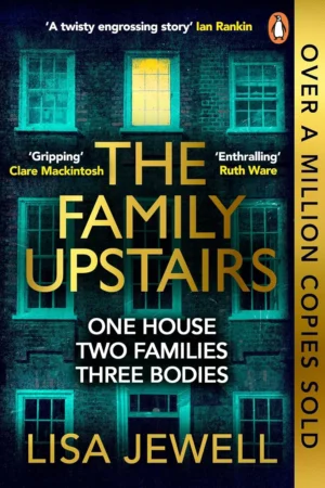 The Family Upstairs book cover by Lisa Jewell featuring an ominous, grand house with a single lit window.
